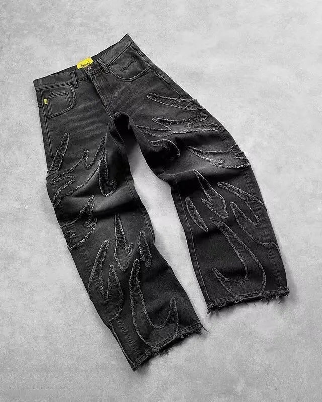 2025 new Jeans Y2K Mens Womens Retro Hip Hop Distressed Embroidered Baggy Jeans Black Pants Rock High Waist Wide Leg Trousers