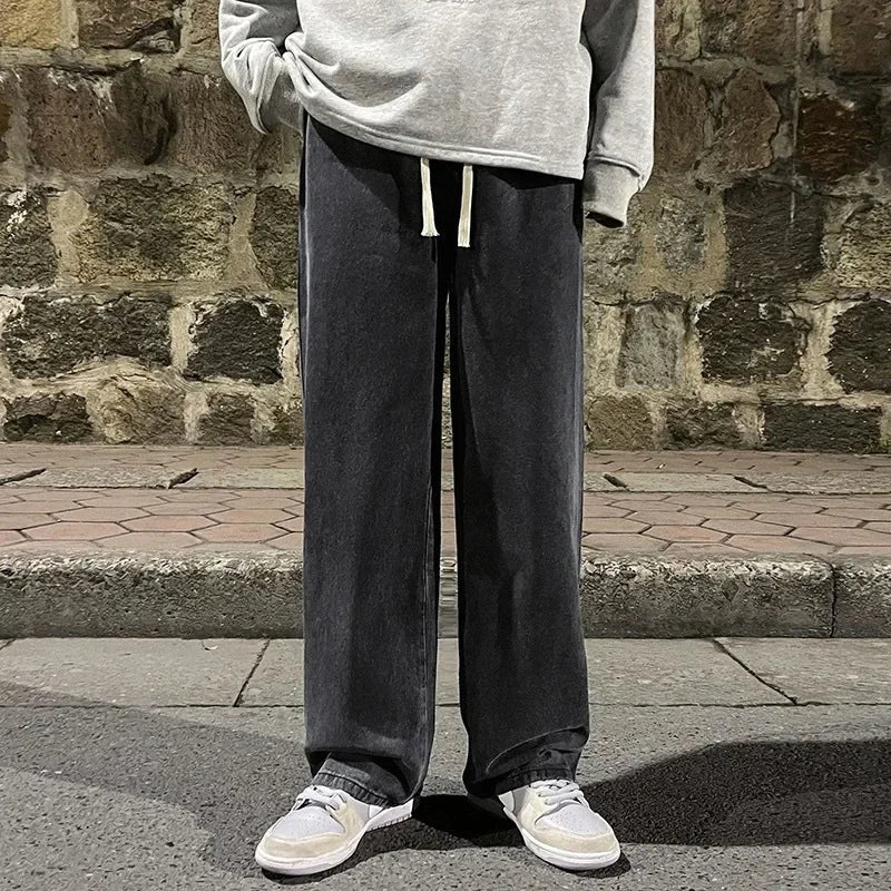 Blue Washed Denim Jeans for Men Straight Loose Fit Wide Leg American Style High Street Casual Pants Trendy Simple