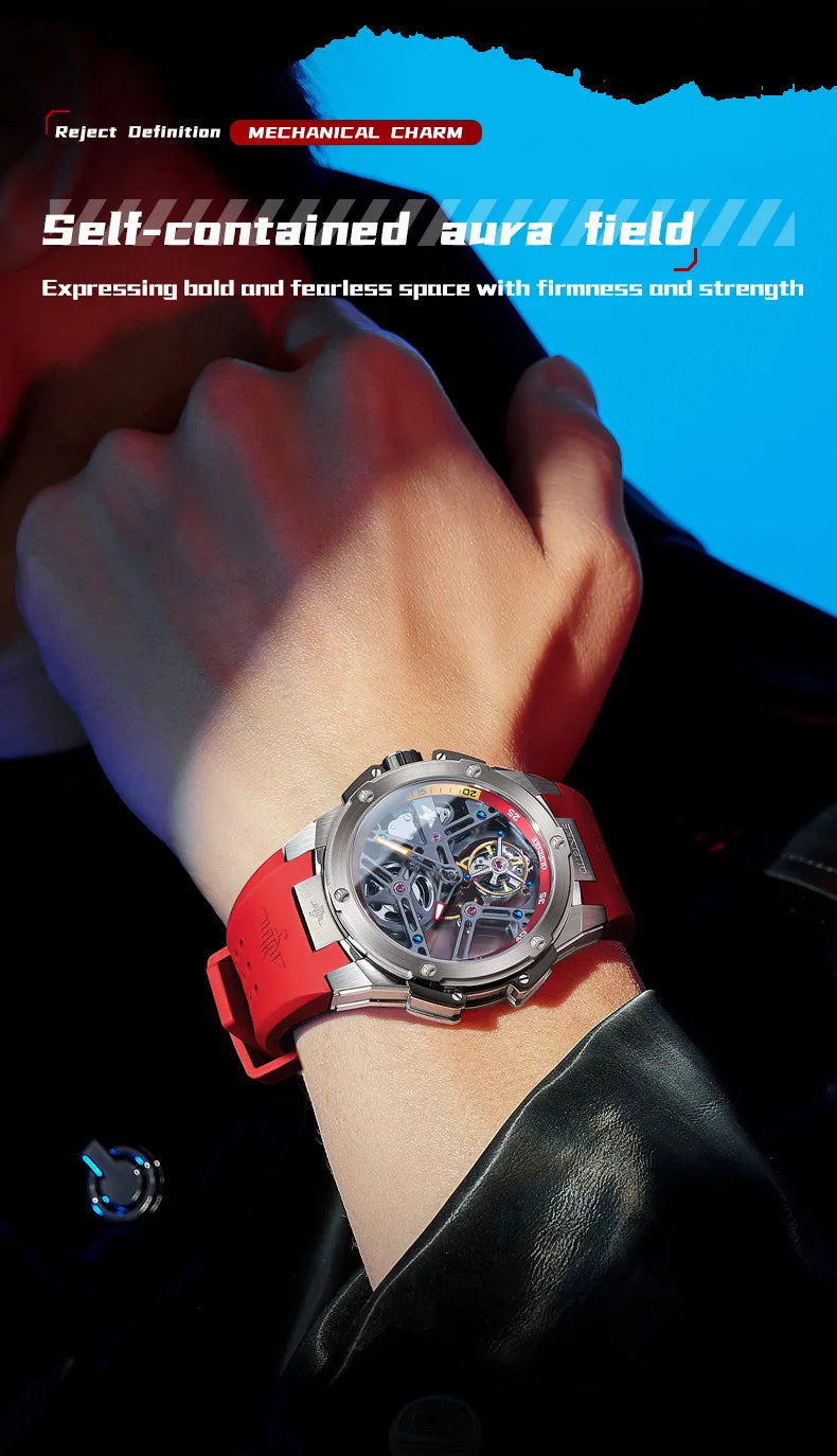 OUPINKE 8003 Men's Watch 45mm Big Dial Fashion Hollow Automatic Watch For Men Waterproof Luxury Tourbillon Mechanical Hand Clock