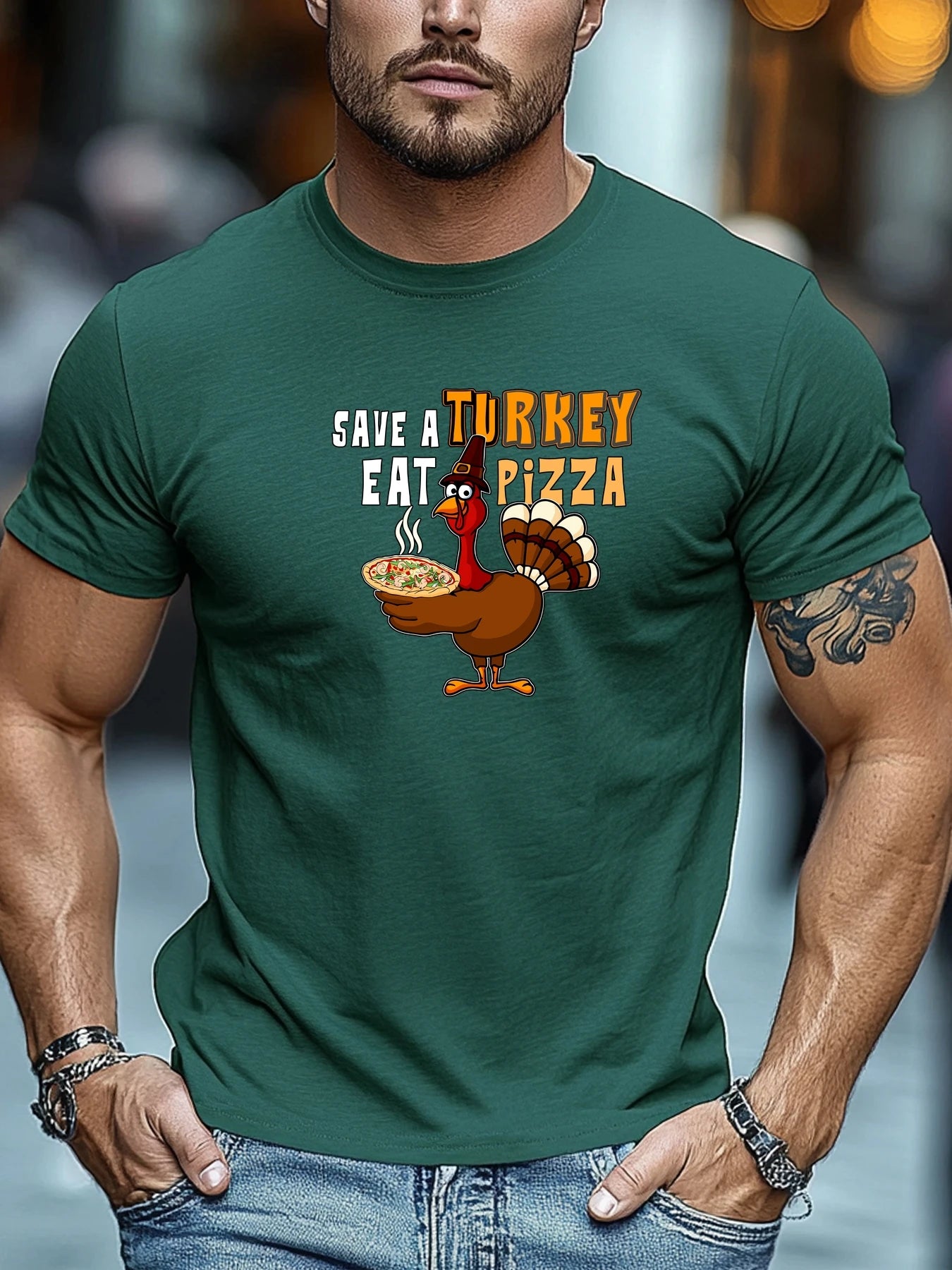 Men t-shirt SAVE A TURKEY EAT PIZZA Graphic Summer Soft Comfort Fit Tee Daily Wear Tops