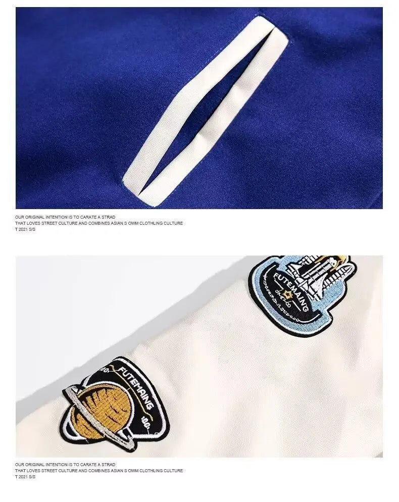 2025 New Vintage Baseball Jacket Men Women Couple Klein Blue PU Sleeves Baseball Bomber Jacket Men's Outwear Fashion Coat Man