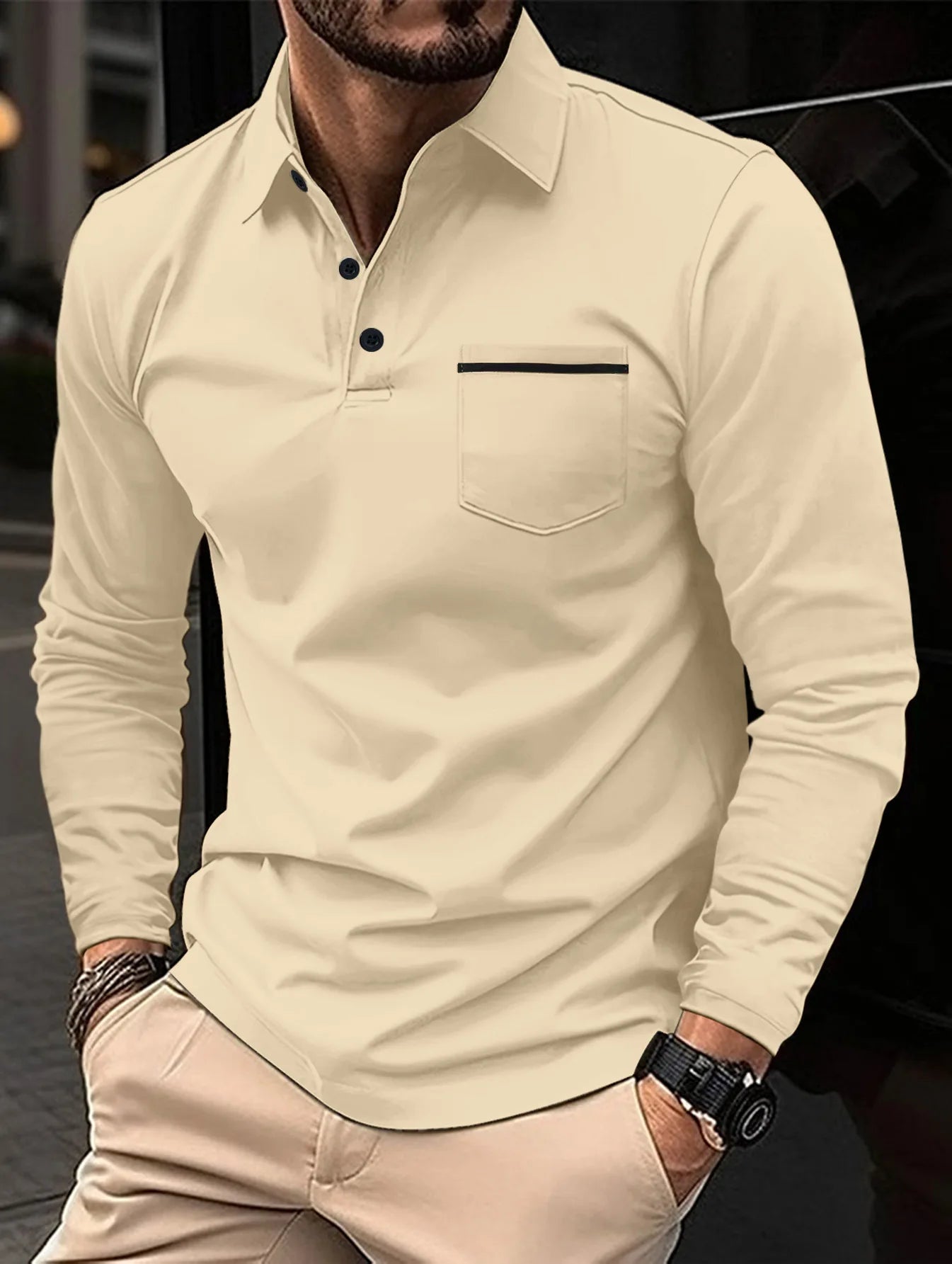 New men's casual long-sleeved polo shirt - solid-colored lapel polo shirt, stylish, breathable, comfortable and versatile top.