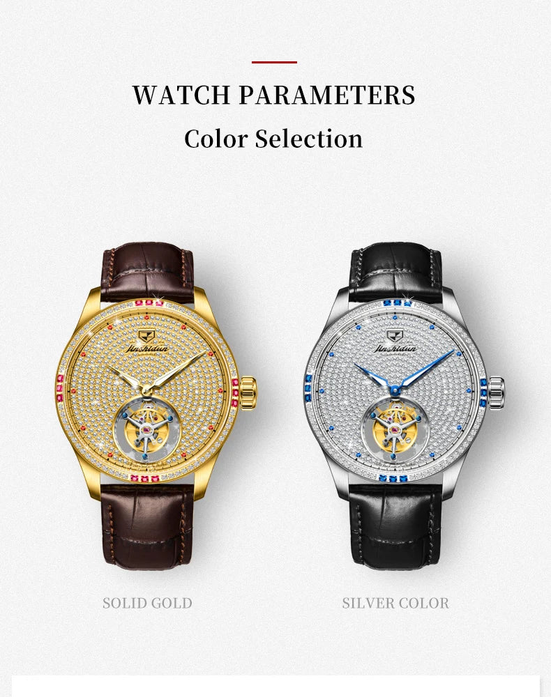 JSDUN Fully Diamond Tourbillon Automatic Watch for Men Genuine Leather Strap Sapphire Mirror Luxury Mechanical Man Wrist Watches