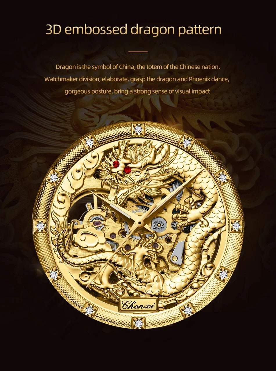 Chenxi 8899 Chinese Nation Culture And Art 3d Embossed Dragon Pattern Gold Automatic Mechanical Stainless Steel Watches For Men
