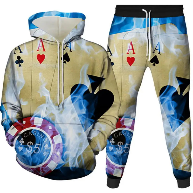 Men's Poker&Money 3D Print Tracksuit Set Fashion Casual Luck Hoodie+Pants 2pcs Sets Pullover Trend Streetwear Man/women Clothing