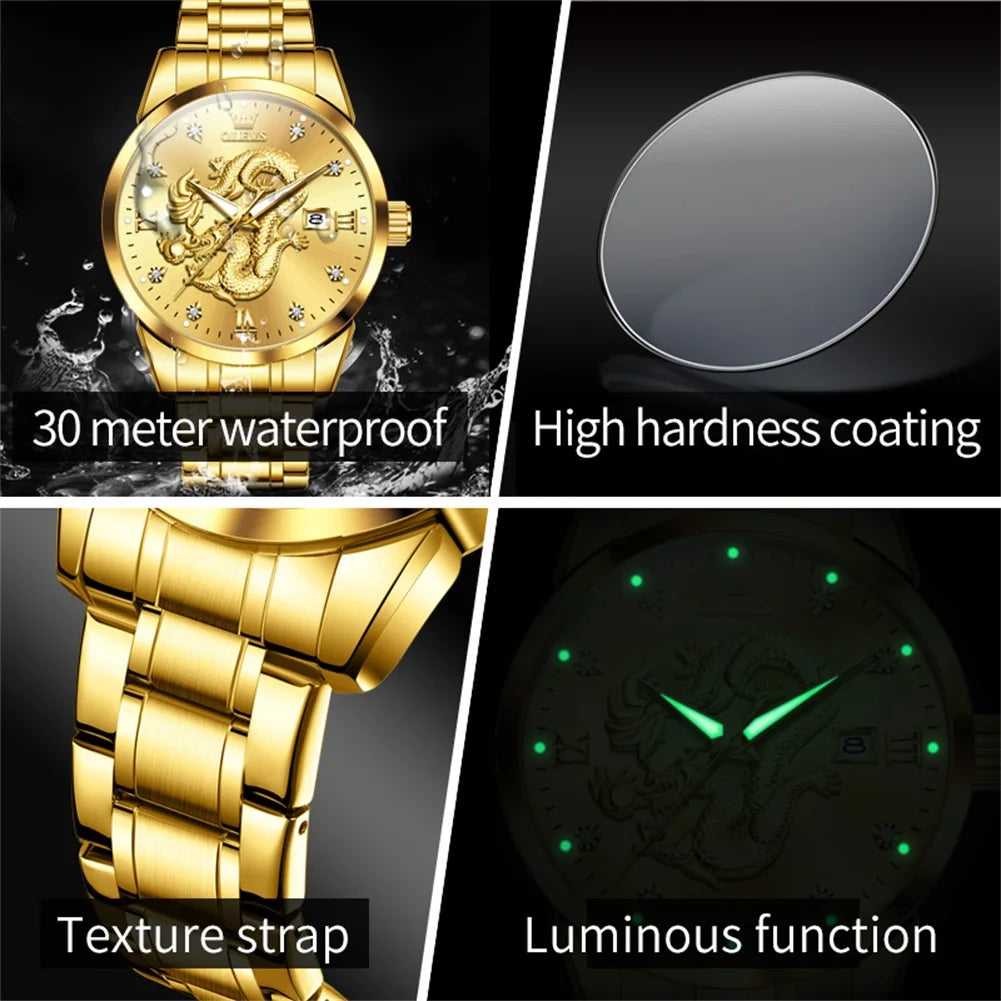 OLEVS 3619 Mens Watch Top Brand Fashion Original Quartz Watch for Man China Loong Dragon Dial Waterproof Luminous Date Reloj
