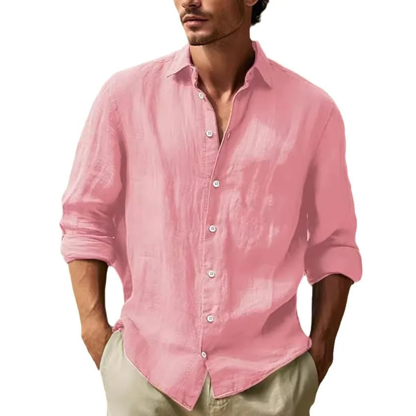 Men's Long-sleeved Top in 2025,Made of Cotton and Linen, Solid Color, Turn-down Collar, in a Casual Style Shirt  linen shirt men
