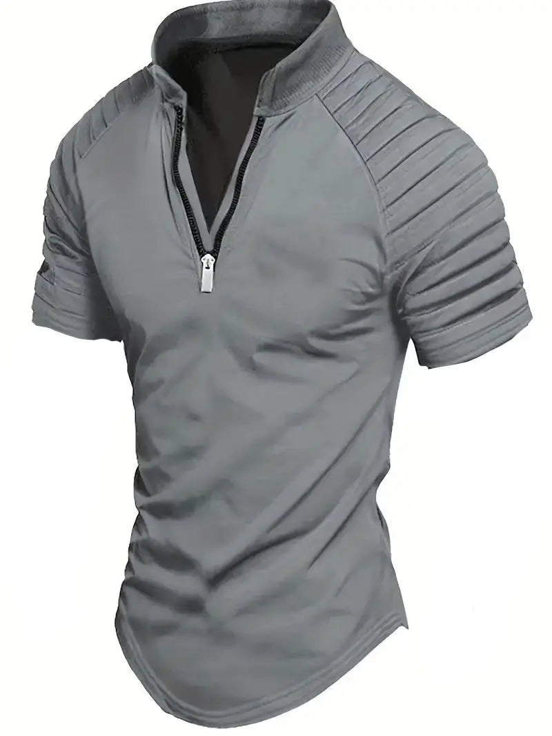 Men's POLO Shirt Spring Sports Solid Color Standing Collar Pleated Zipper Breathable Casual Summer Fashion Top Short Sleeve