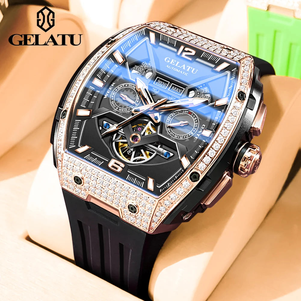GELATU 6016 Skeleton Flywheel Automatic Men Watch Original Waterproof Silicone Strap Luxury Brand Diamond Men Mechanical Watch