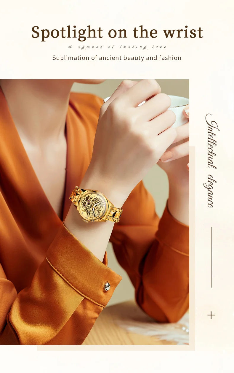 OUPINKE High End Gold Dragon Watch for Men Women Tungsten steel Automatic Mechanical Couple Watches Luxury Couple Wristwatches