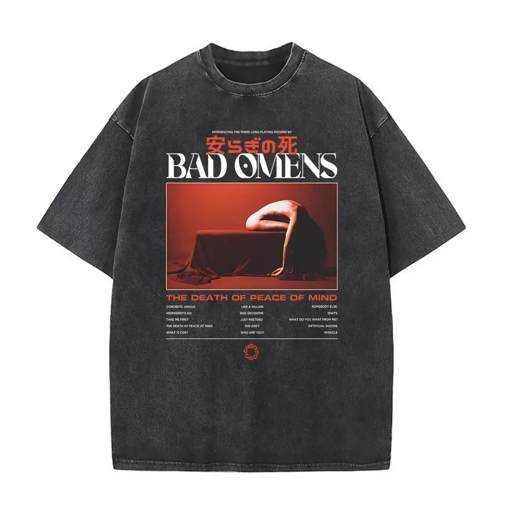 Washed Vintage Bad Omens Print T-shirt Funny Moth Graphic Tshirt Men Women Fashion Hip Hop Streetwear Short Sleeve T-shirts Male