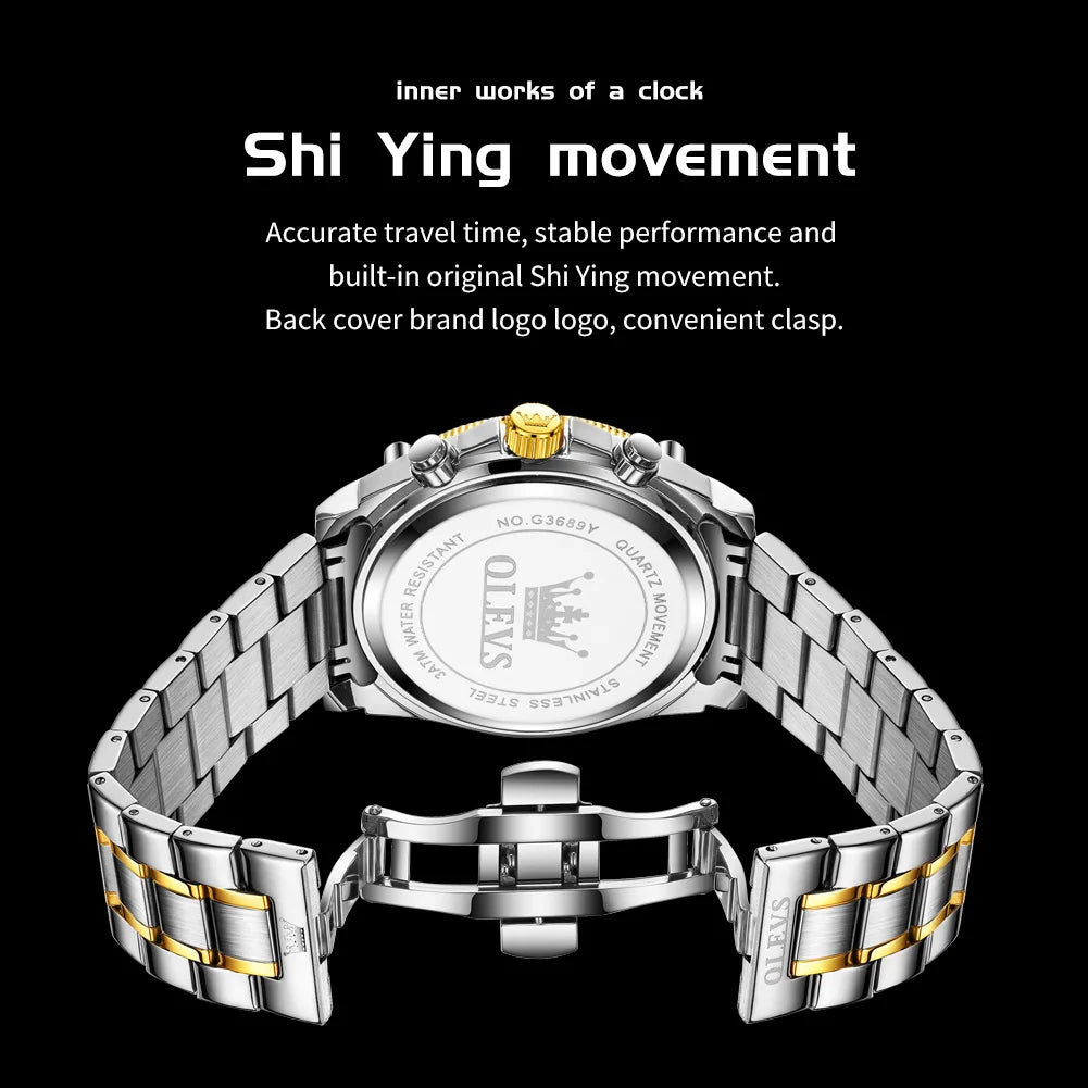 OLEVS Watches Man 3689 New Original Quartz Watch Waterproof Luminous Moon Phase Sports Watches For Man Stainless Steel Reloj