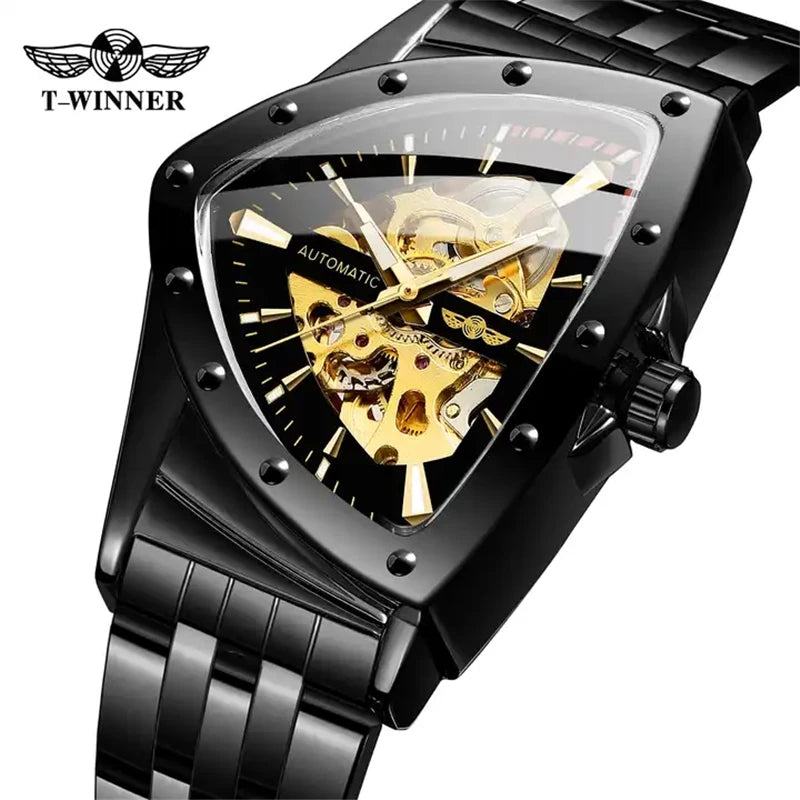 WINNER 395S Stainless Steel Top Brand Waterproof Triangle Skeleton Hollow Mechanical Sports Men's Automatic Watch reloj hombre