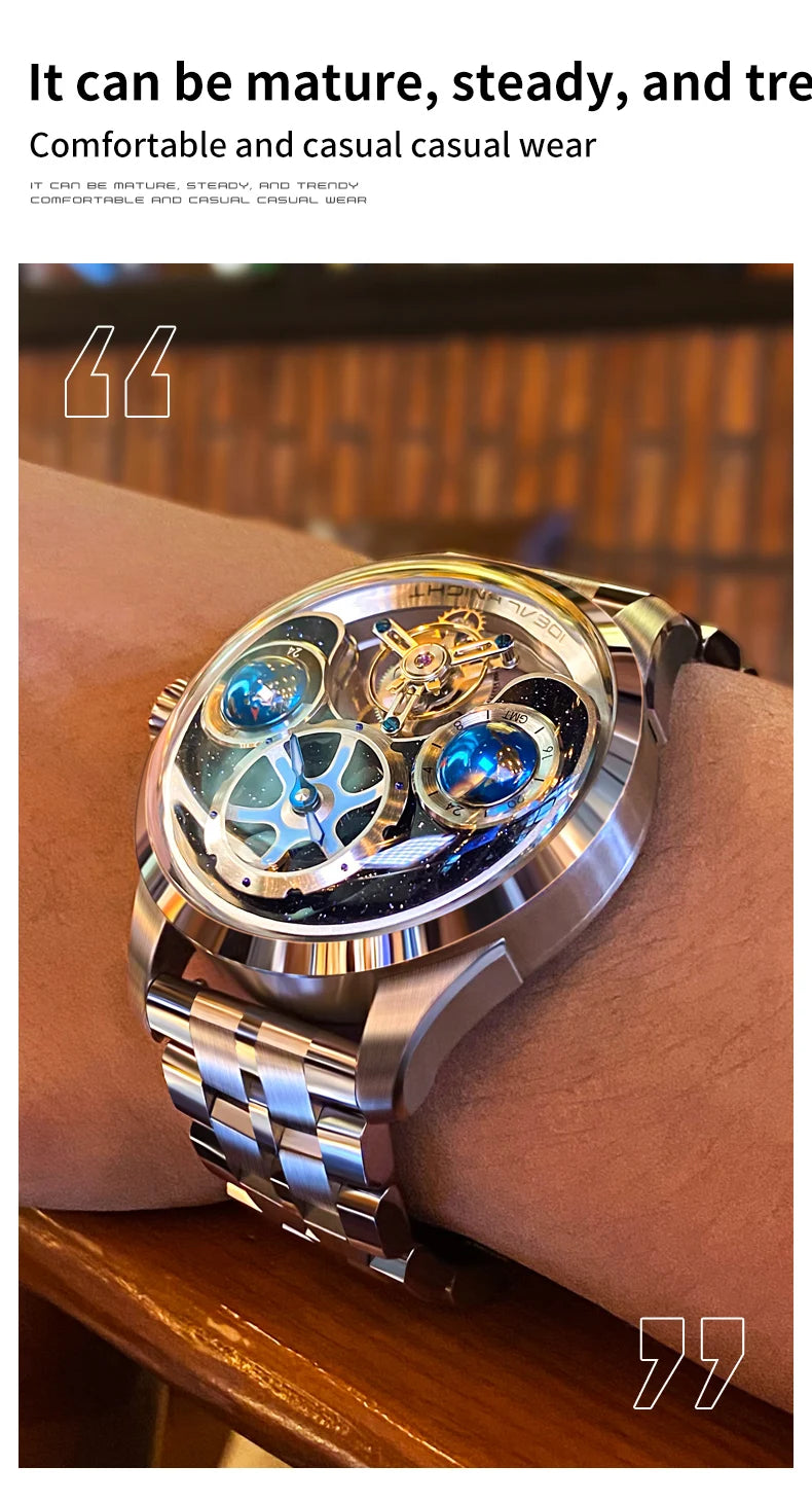 IDEAL KNIGHT Top Brand Luxruy Mens Watch Advanced Tourbillon Automatic Mechanical Watch Waterproof Luminous Dual Region Time