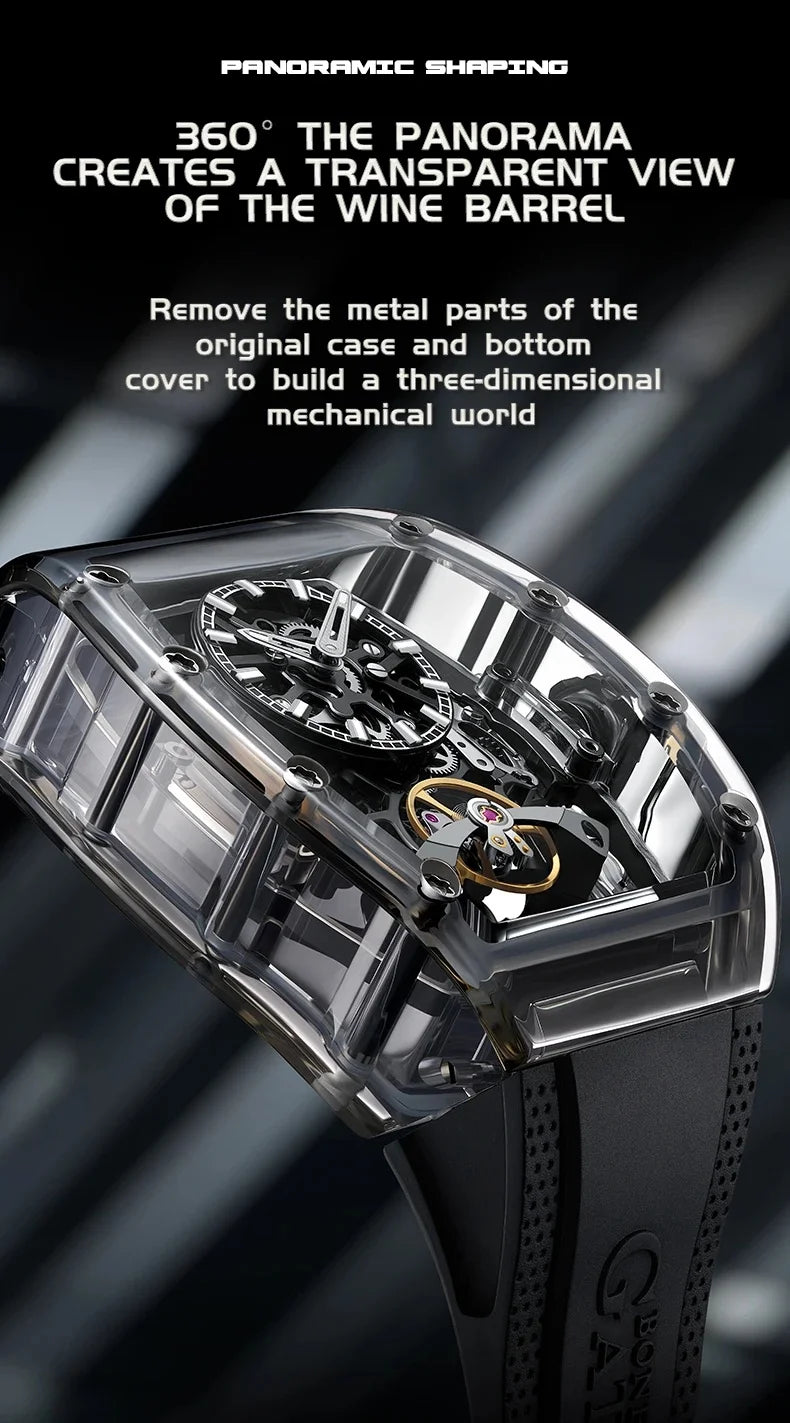 BONEST GATTI 2025 New Men Automatic Watch Tonneau Mechanical Wristwatch Acylic Case Sapphire Lume Hollow Out Dial Fluororubber