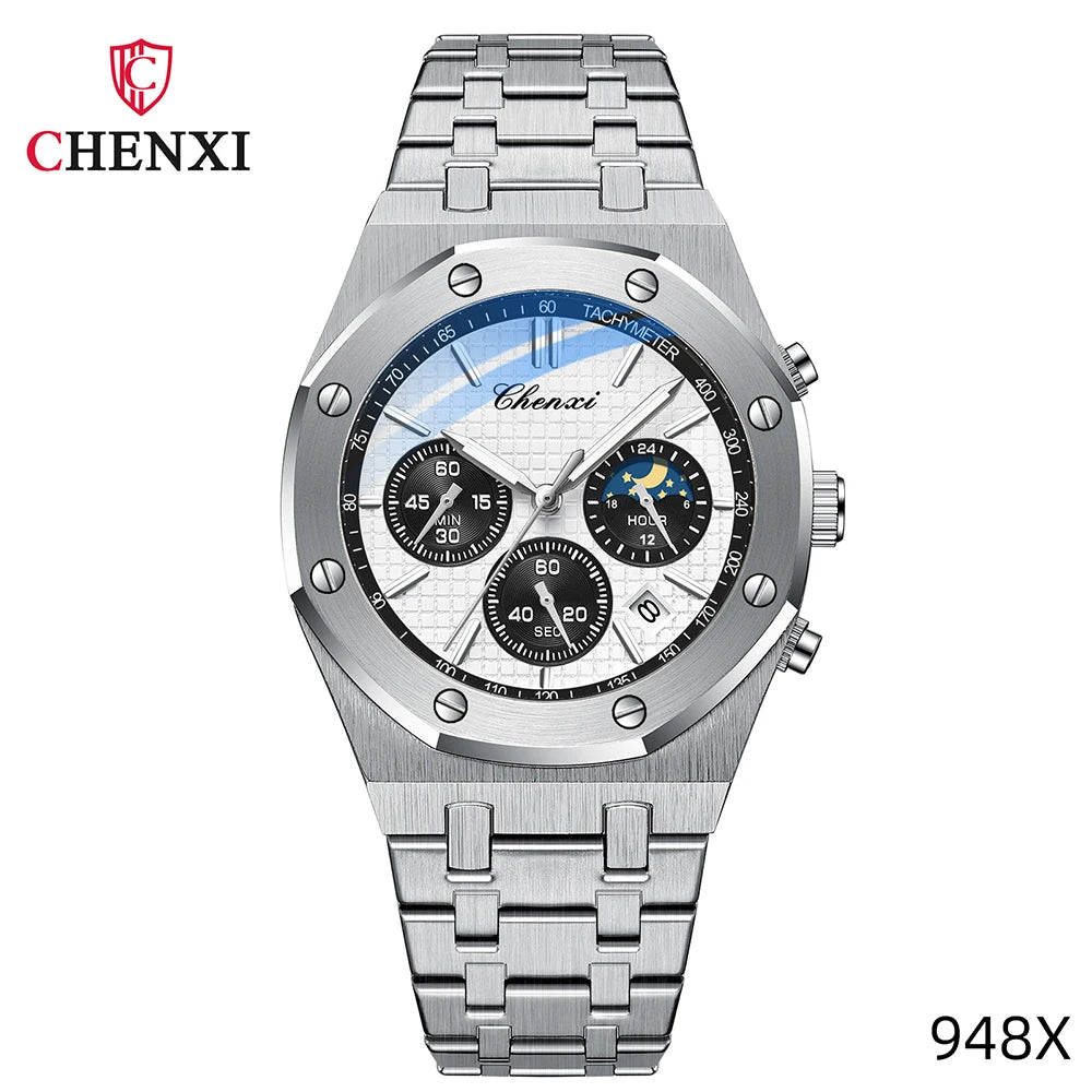 CHENXI Brand Multi-Function Sports Man Watch Luminous Chronograph Steel Strap Waterproof Calendar Quartz Watches Male