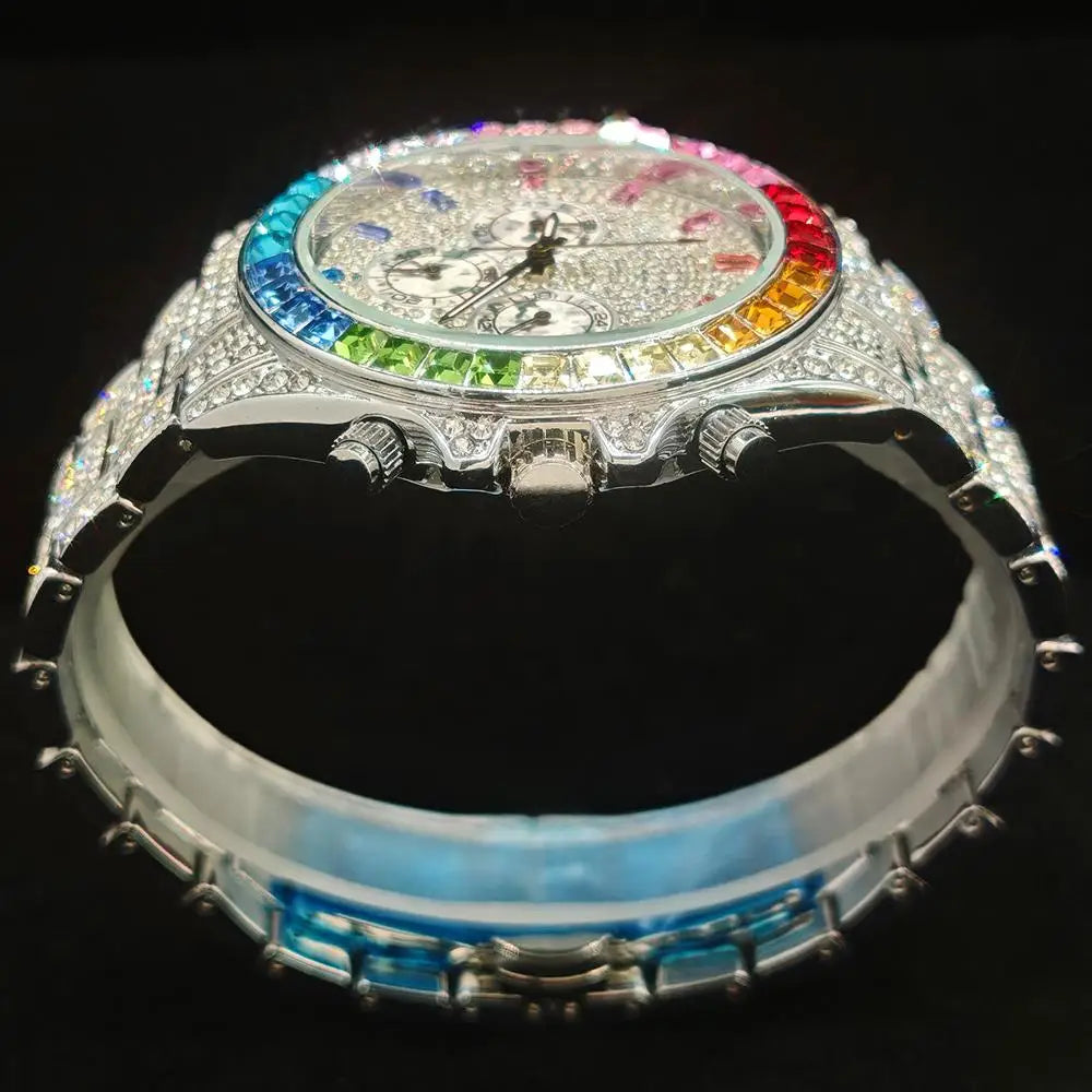Fashion Ice Watches Men Brand UNIGUET Luxury Stainless Steel Hip Hop Rainbow Diamond Quartz Wristwatch Male Gift Dropshipping