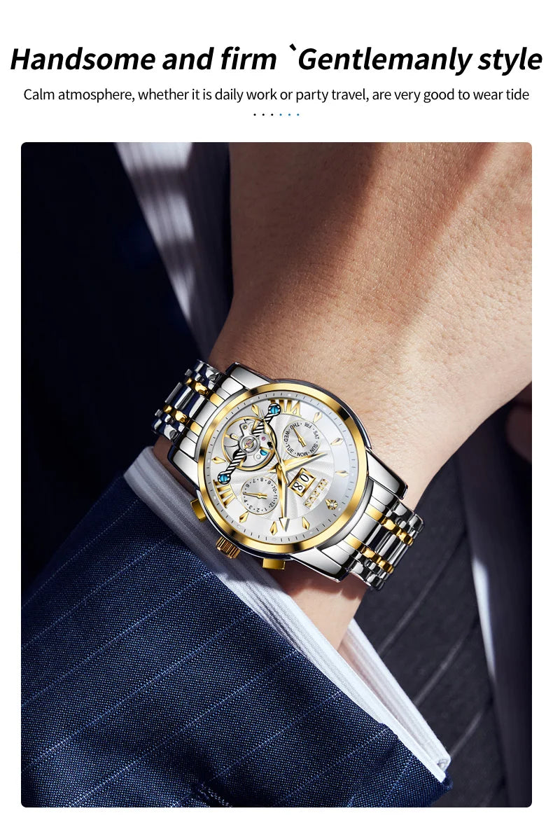 OLEVS Luxury Top Brand Watch for Men Automatic Mechanical Watches Waterproof Stainless Steel Skeleton Design Man Wristwatch