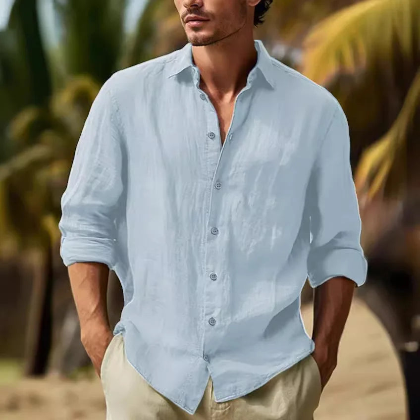 Men's Long-sleeved Top in 2025,Made of Cotton and Linen, Solid Color, Turn-down Collar, in a Casual Style Shirt  linen shirt men