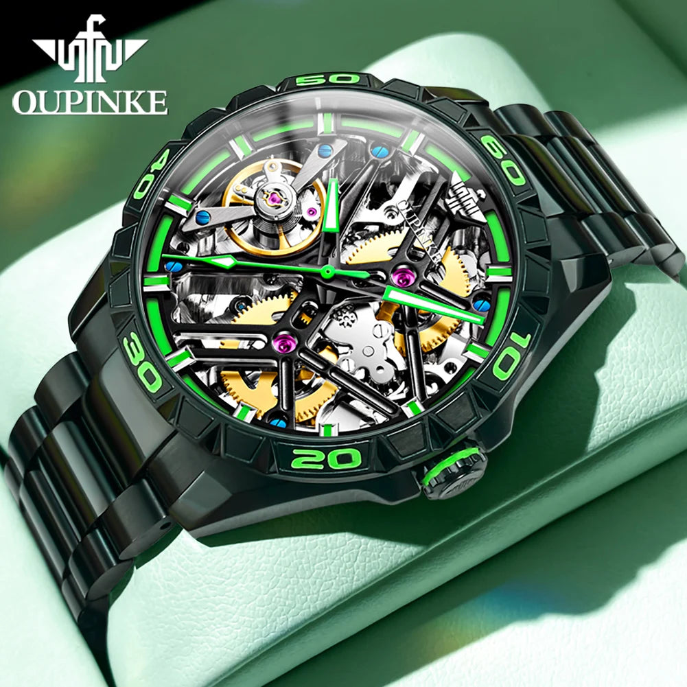 OUPINKE 3196 Blue Watch for Men Original Automatic Movement Deep Waterproof Hollow Out Mechanical Wristwatch Men