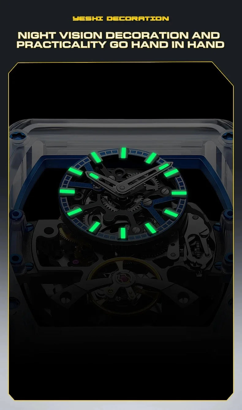BONEST GATTI 2025 New Men Automatic Watch Tonneau Mechanical Wristwatch Acylic Case Sapphire Lume Hollow Out Dial Fluororubber
