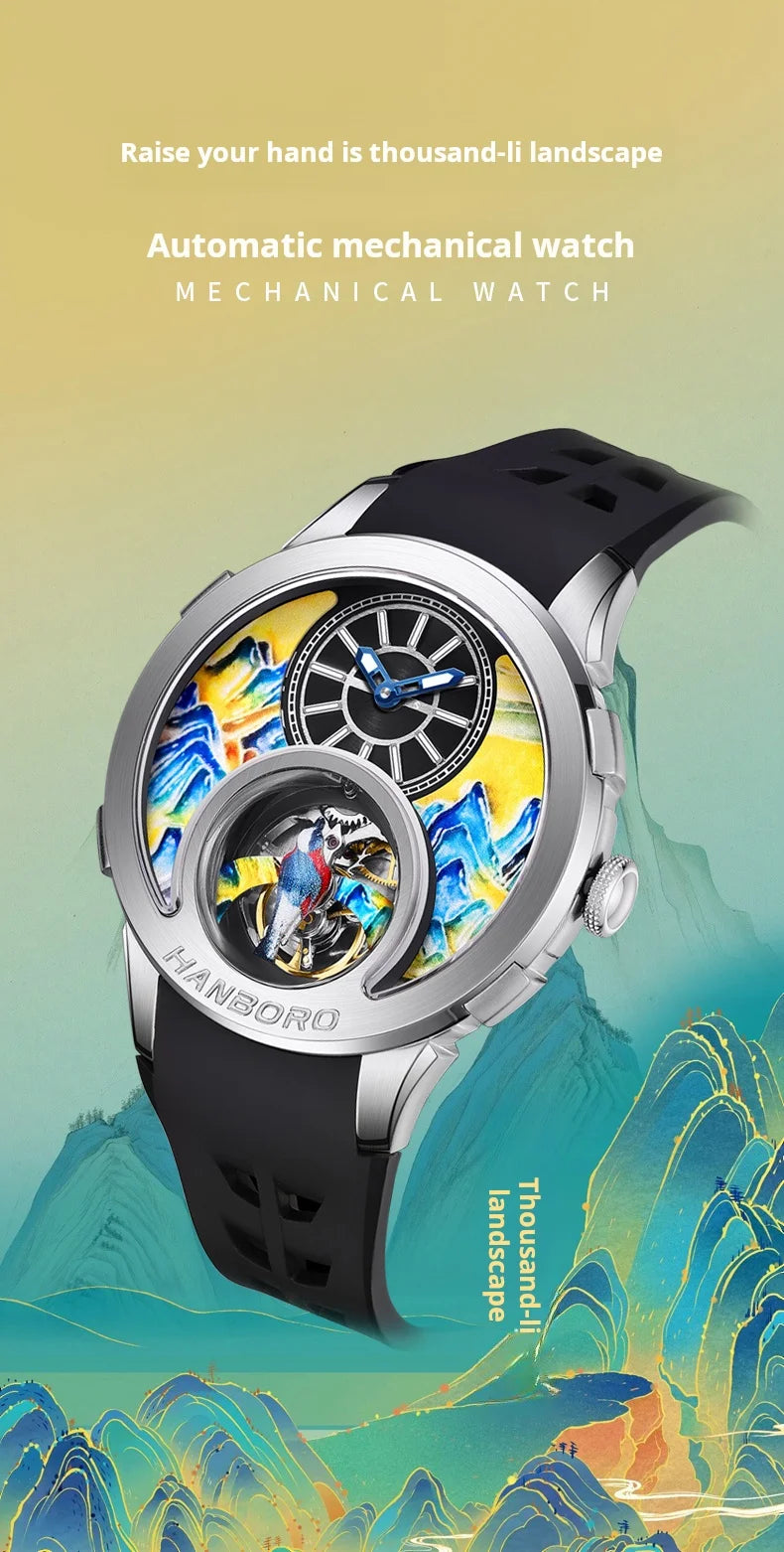 HANBOROThousand Miles Series Oil Painting Personalized Dial Magpie Skeleton Balance Wheel Design Men's Automatic MechanicalWatch