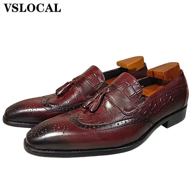 Italian Mens Shoes Blue Black Burgundy Wing Tip Casual Men Dress Shoes Loafers with tassels Leather Slip on Loafers Man