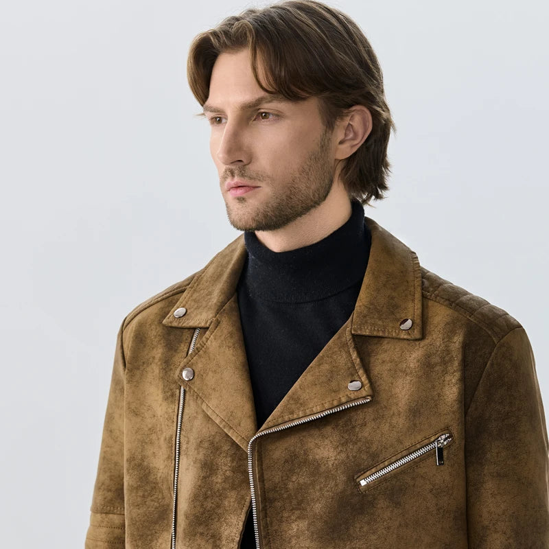 High-end Suede Leather Jacket Winter Men New American Punk Handsome Windproof Men Clothes Male Retro Brown Lapel Jacket