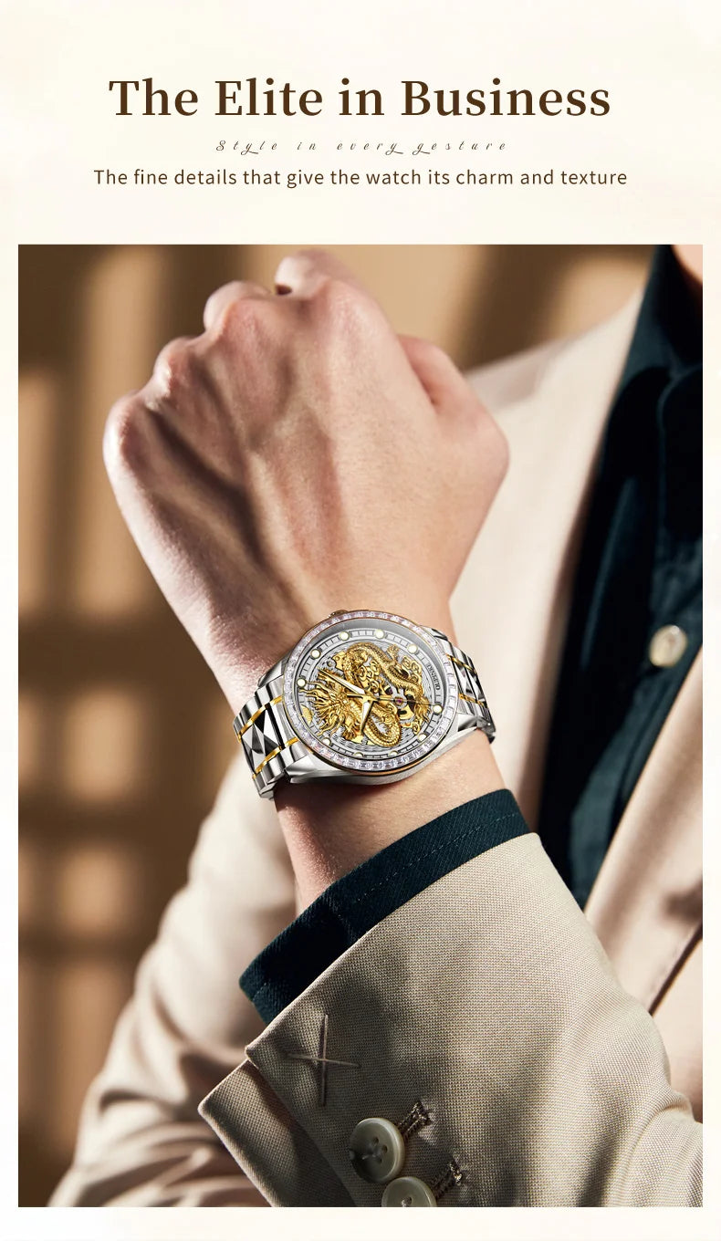 OUPINKE High End Gold Dragon Watch for Men Women Tungsten steel Automatic Mechanical Couple Watches Luxury Couple Wristwatches