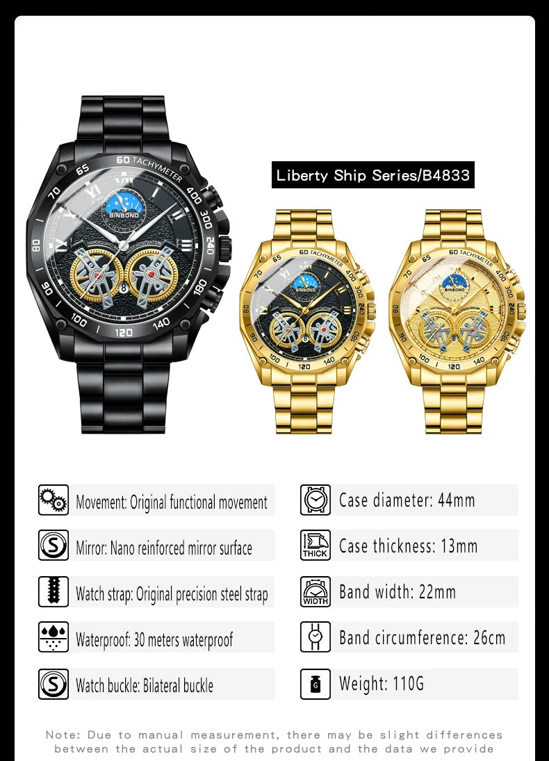 BINBOND Luxury Men Quartz Watches Fashion Concept Decorative Dial Casual Military Sports Wristwatch Waterproof Men's Clock