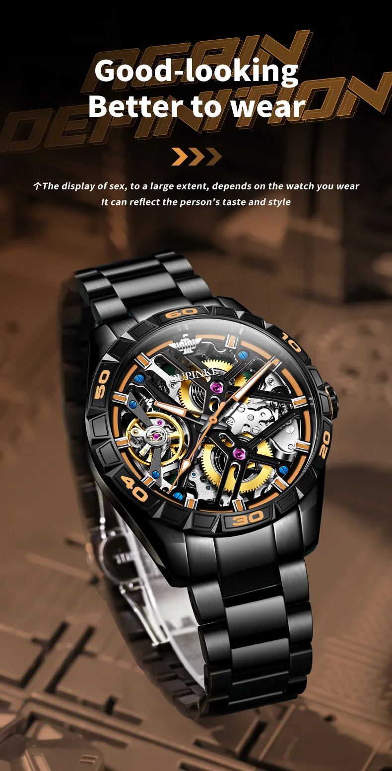 OUPINKE 3196 Luxury Business High Quality Mens Watch Skeleton Automatic Mechanical Watch 50M Waterproof Luminous Sports Watches