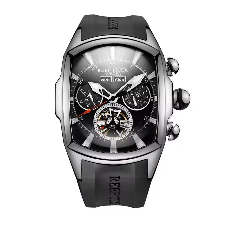 Reef Tiger 316L Stainless Steel Wine Barrel Automatic Watch Fashion Mulitfunction Tourbillon Mechanical Watches for Men RGA3069