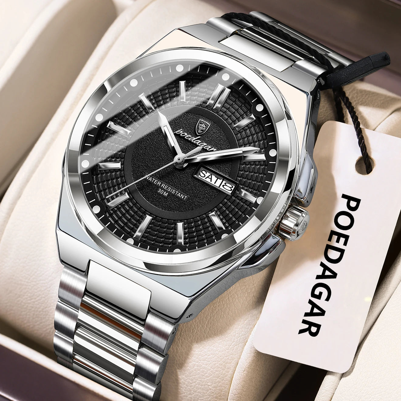 POEDAGAR Fashion Classic Men Wristwatches Stainless Steel Waterproof Luminous Man Watch Date Week Quartz Business Men's Watches