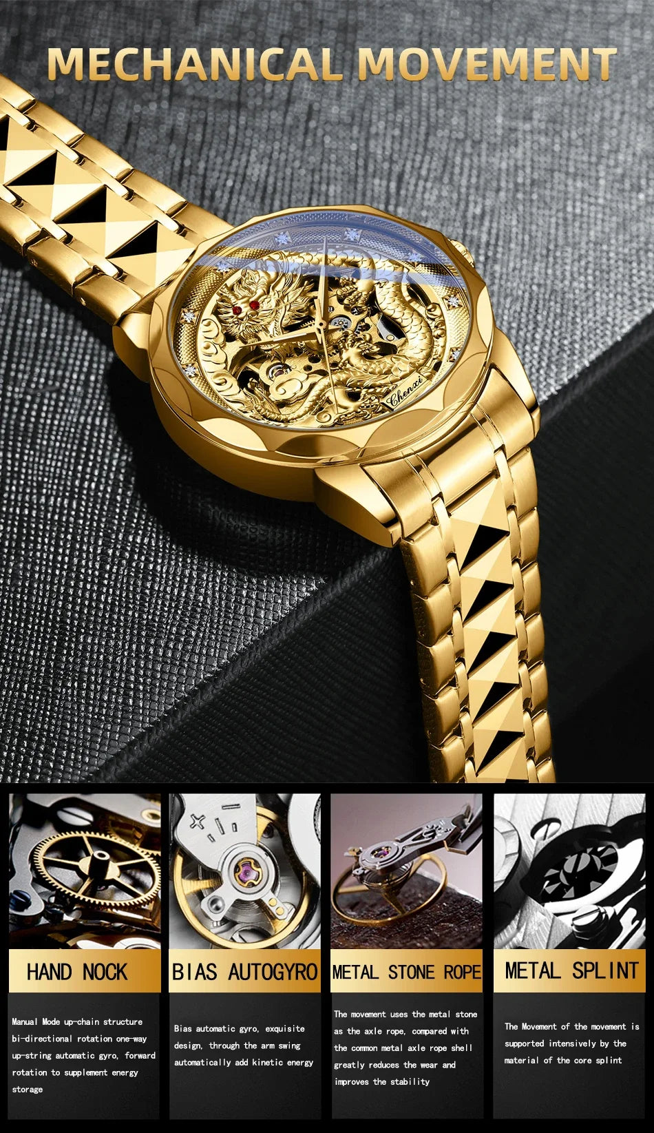 Chenxi 8899 Chinese Nation Culture And Art 3d Embossed Dragon Pattern Gold Automatic Mechanical Stainless Steel Watches For Men