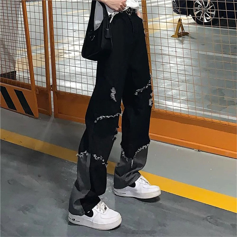 Baggy Ripped Jeans for Men Loose Denim Trousers Male Black Jeans Men Hip Hop Patchwork Jeans Korean Streetwear Spliced clothing