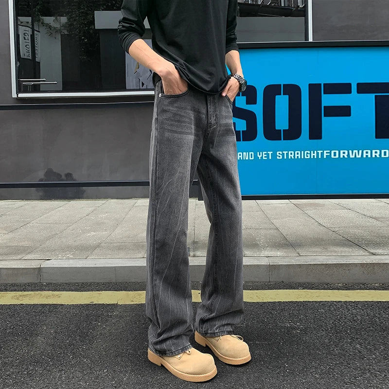 M-XXXXXL Flared Bolt Print Jeans Stitched Denim Pants Vintage Retro High Waisted Bell Bottom Trousers for Men Casual Streetwear