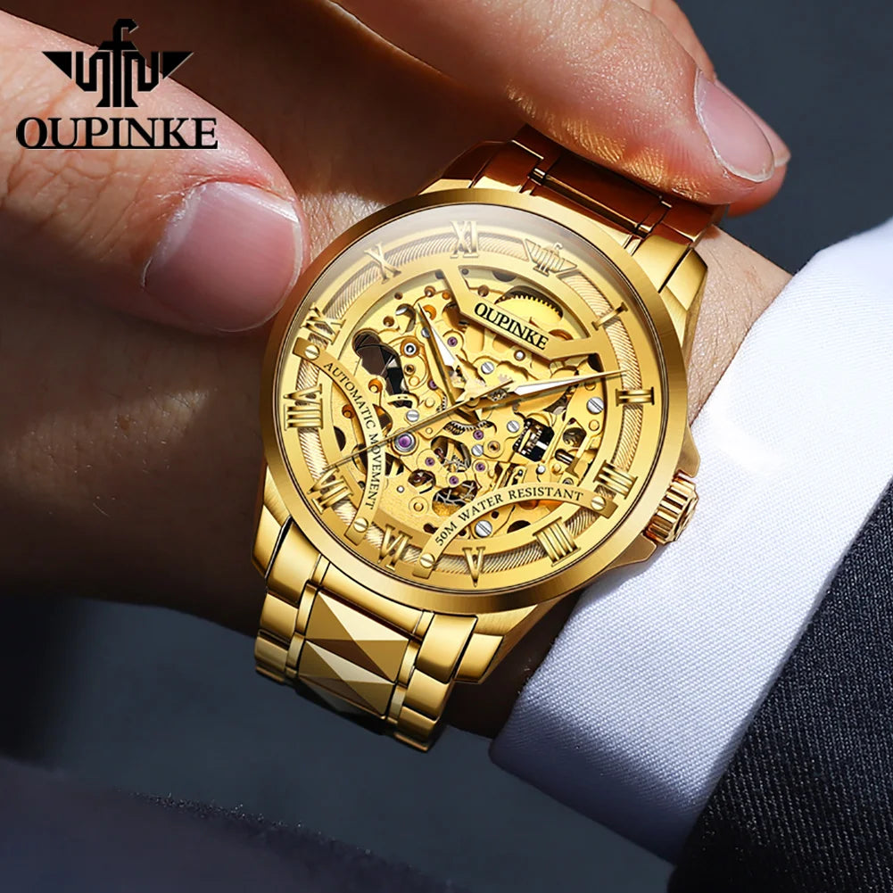 OUPINKE 3210 Gold Men Fully Automatic Mechanical Watch High end Original 3D Hollow Design Waterproof Luminous Men Watch Luxury
