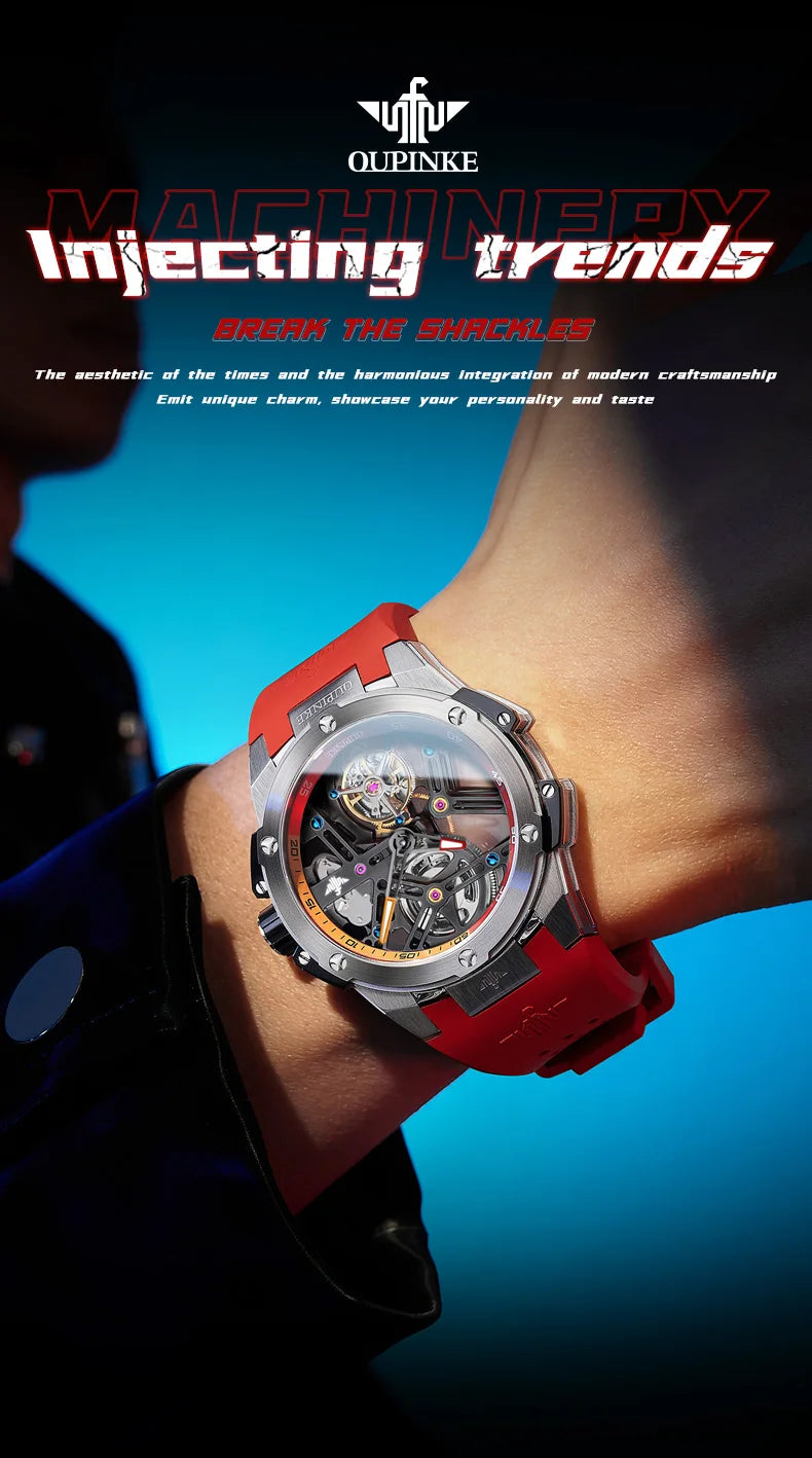 OUPINKE 8003 Men's Watch 45mm Big Dial Fashion Hollow Automatic Watch For Men Waterproof Luxury Tourbillon Mechanical Hand Clock