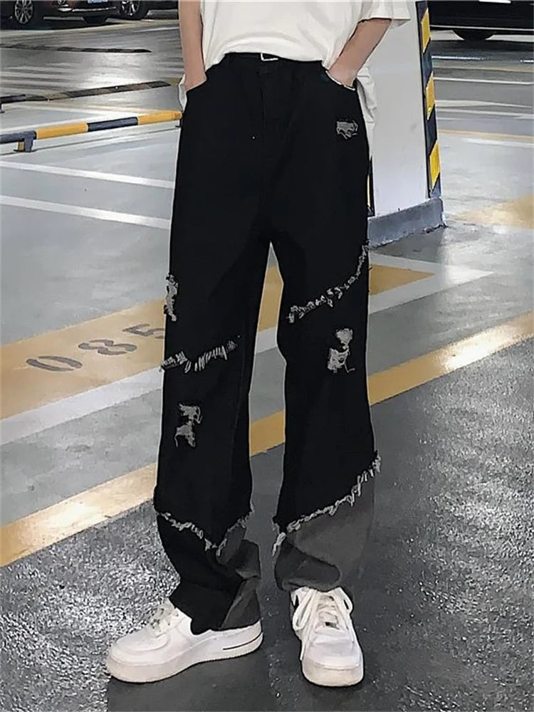 Baggy Ripped Jeans for Men Loose Denim Trousers Male Black Jeans Men Hip Hop Patchwork Jeans Korean Streetwear Spliced clothing