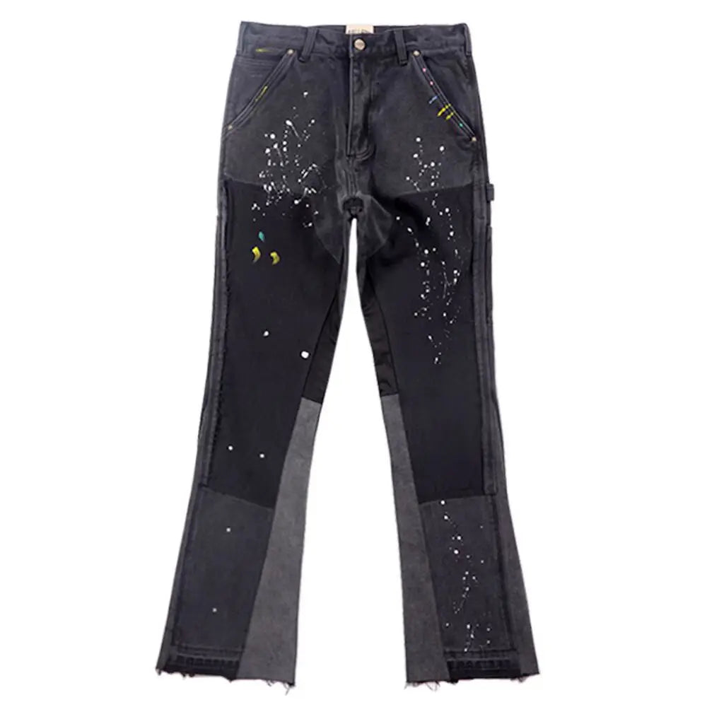 Vintage Mens Flared Leg Jeans Denim Hip Hop Splashing Ink Wide Leg Jean Pants Black Fashionable Retro Streetwear Baggy Jeans Y2k