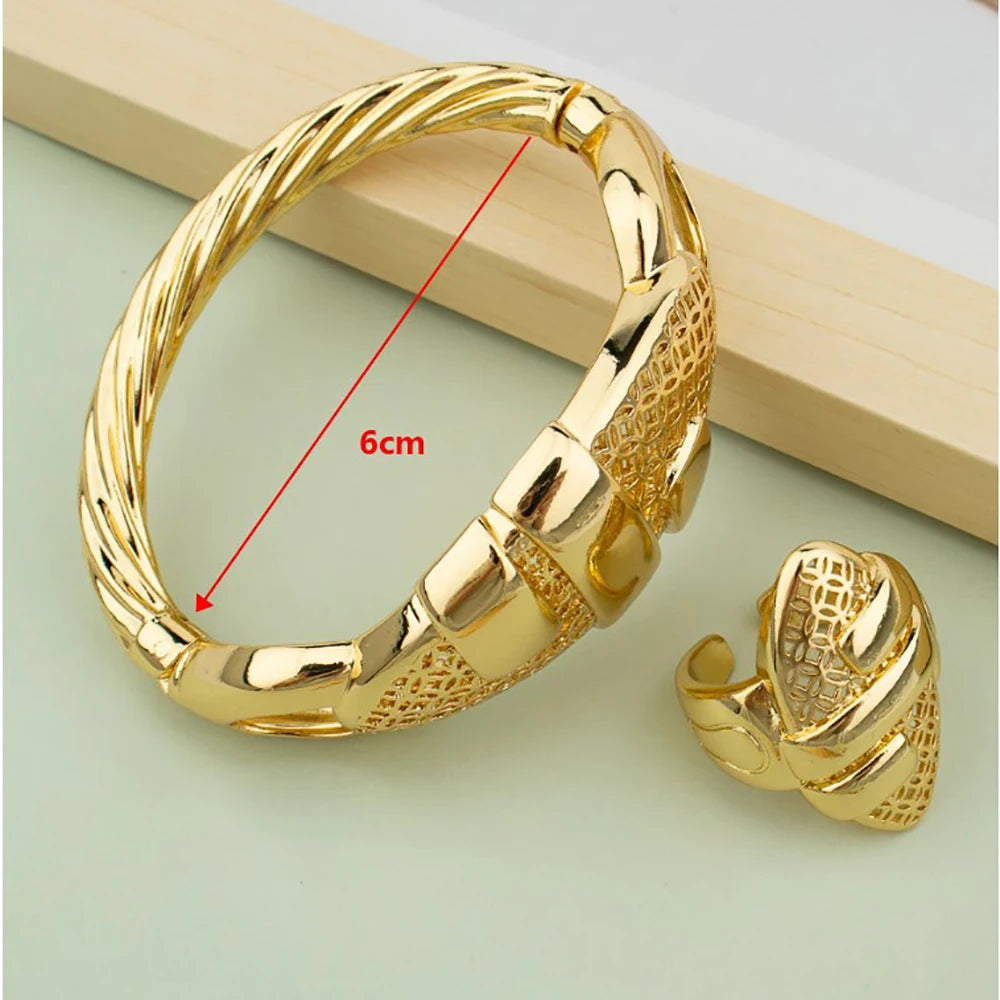 Cuff Bangle With Ring For Women 18K Gold Plated Bracelet Jewelry Nigerian Wedding Party Gift Dubai Hollow Out Design Bracelet