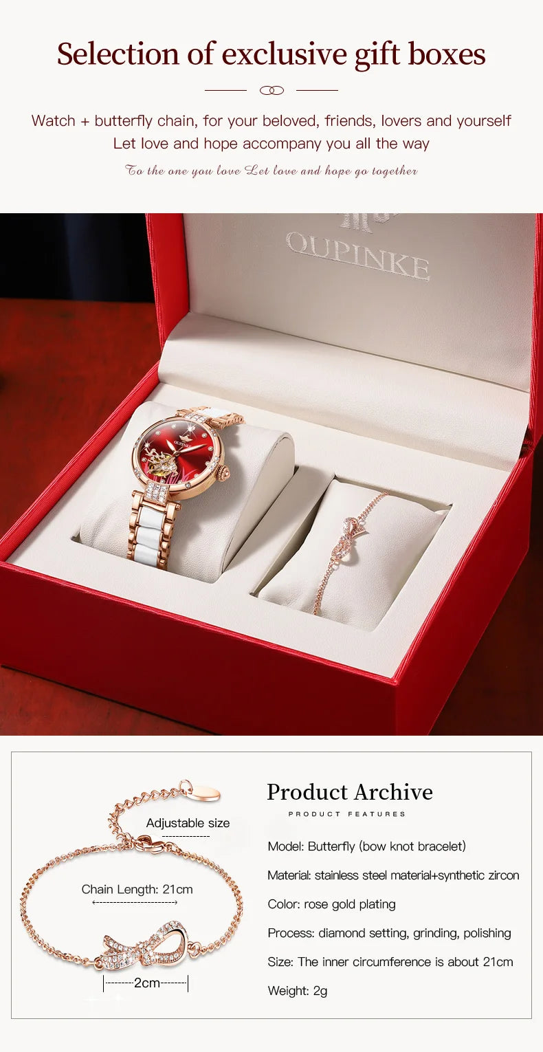 OUPINKE 3211 Women's Watch Elegant Rose Gold Diamond Ceramic Automatic Machinery Women's Watch Luxury Brand Women's Bracelet Set