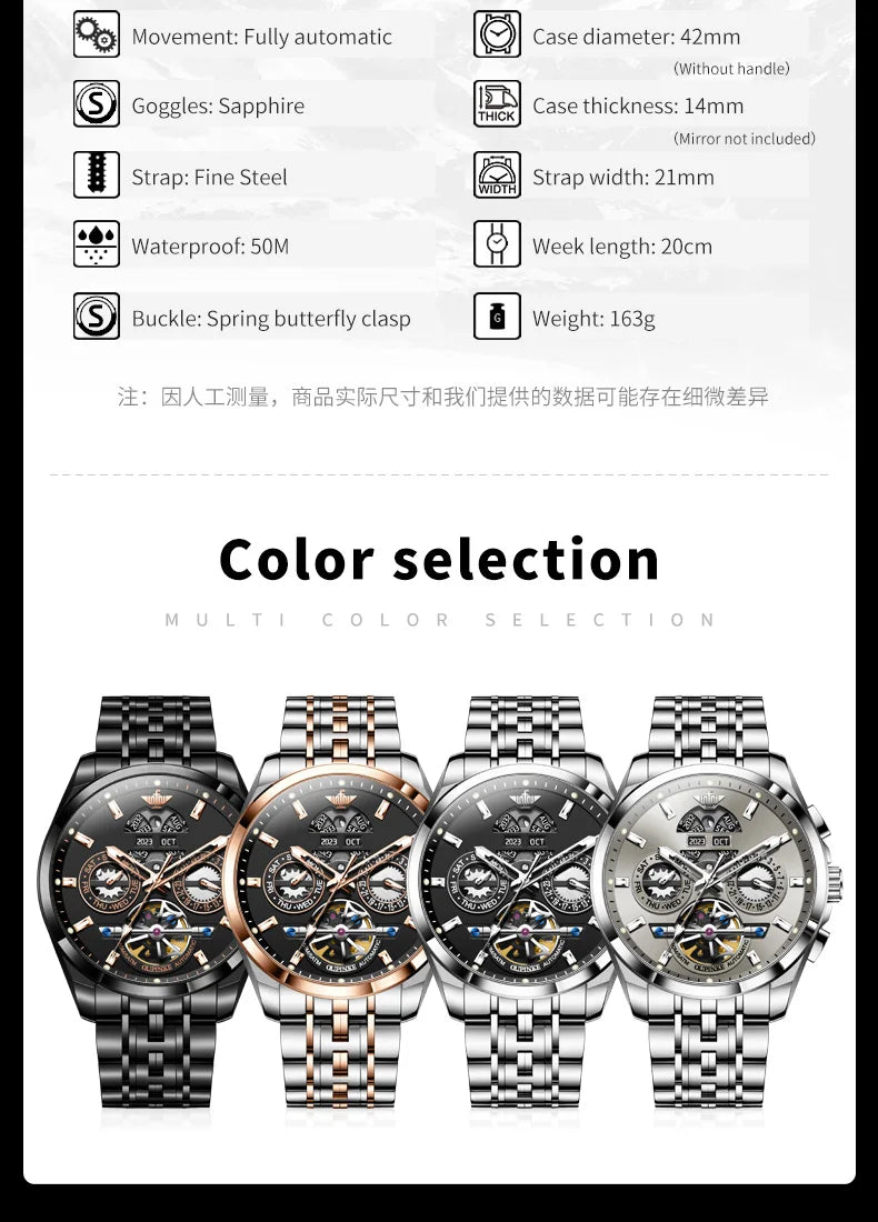 OUPINKE 3251 Watch For Men Auto Date Hollow Skeleton Luxury Automatic Mechanical Hand Clock Top Brand Waterproof Man Watches