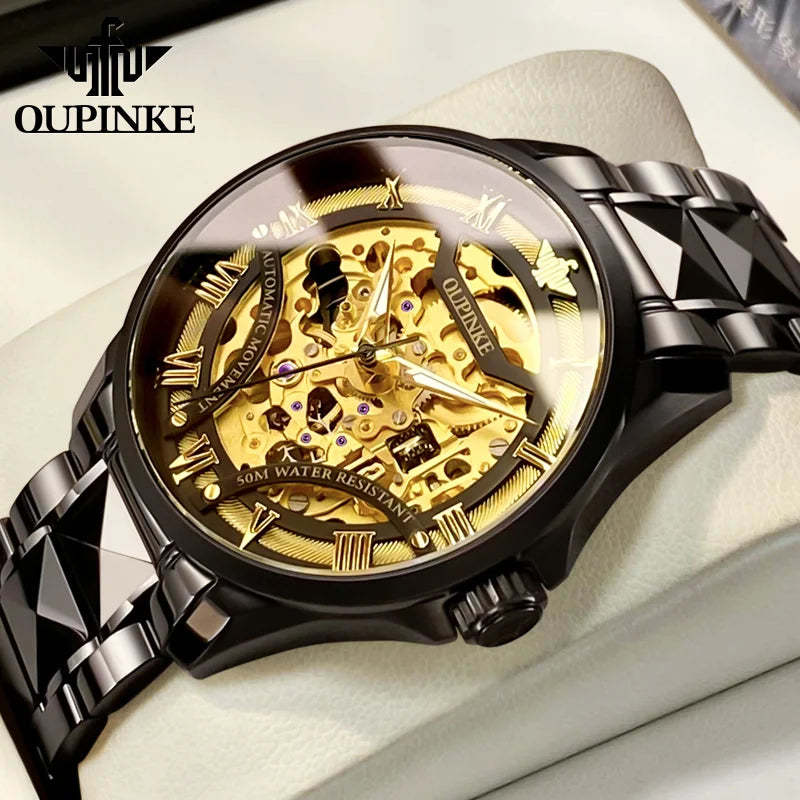OUPINKE 3210 Gold Men Fully Automatic Mechanical Watch High end Original 3D Hollow Design Waterproof Luminous Men Watch Luxury