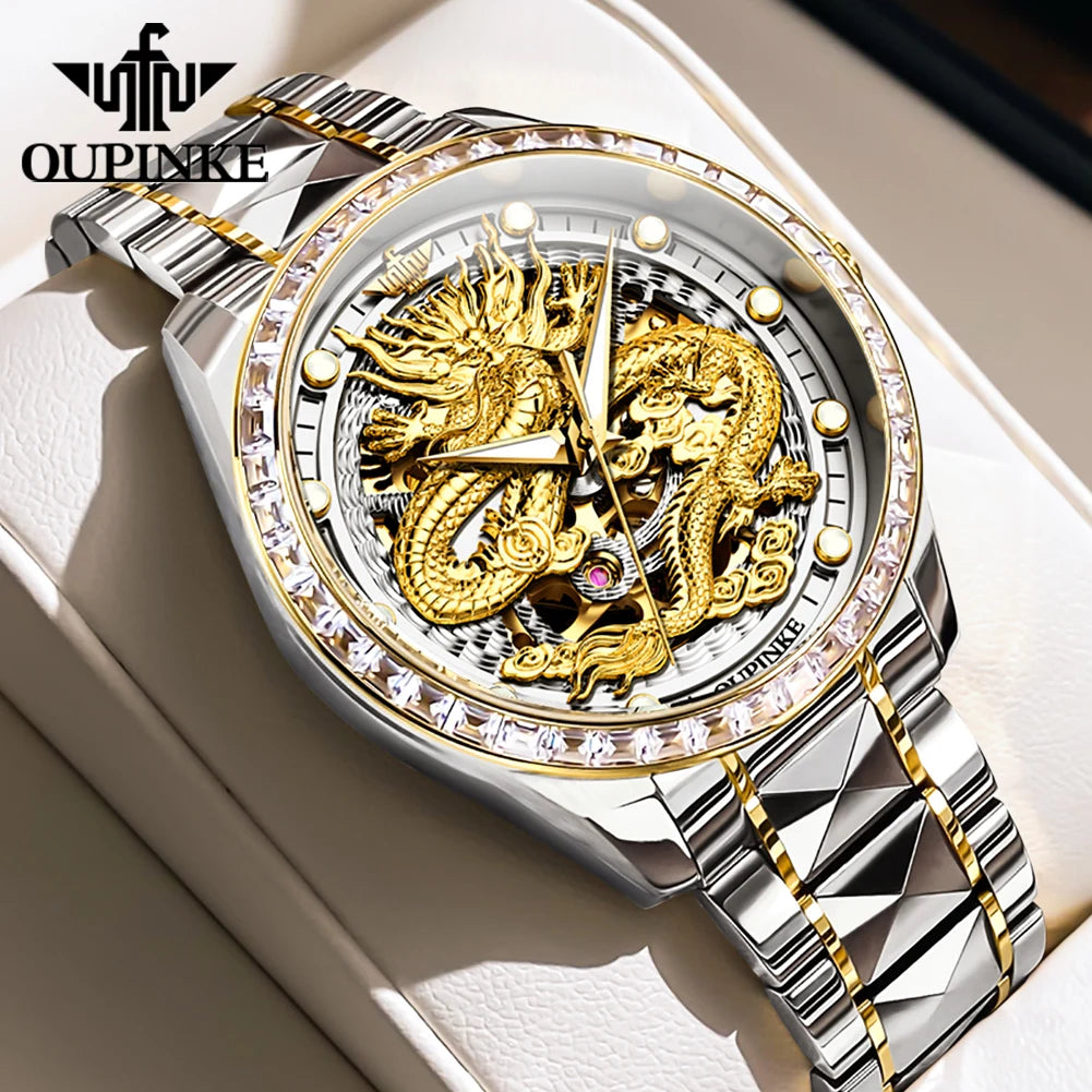 OUPINKE Men's Watches Top Brand Luxury Gold Tungsten Steel Original Automatic Mechanical Wristwatch Featured Dragon Pattern Dial