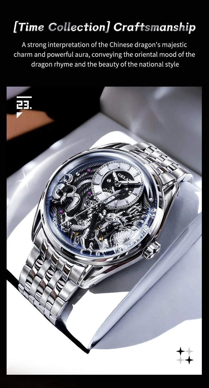 GELATU 6018 Men's Watch Top Brand Original Mechanical Watch For Men 50M Waterproof Luxury Hollow Dragon Automatic Wristwatch