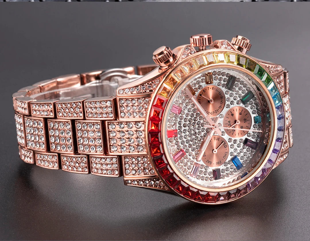 MISSFOX Blingbling Wristwatch For Men Luxury Colour Diamond Calendar Quartz Watch Hip Hop Fashion Waterproof Man Clock Hot Sale