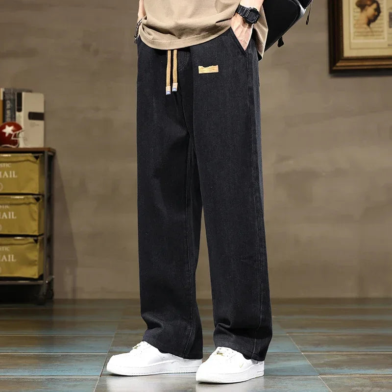 Branded Men's Baggy Jeans Classic Drawstring Loose Casual Straight Pants College Students Daily Versatile Blue Pants