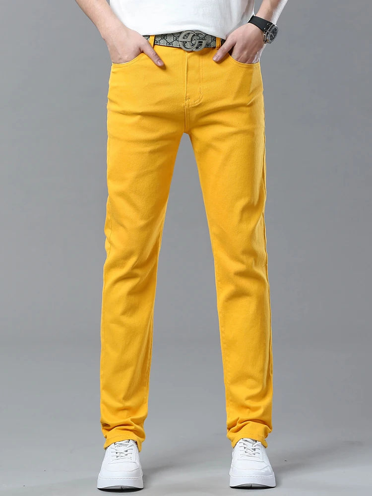 Men's Pink Jeans Spring Summer New Comfortable Elastic Fitted Straight Denim Trousers Fashion Korean Male Casual Pants
