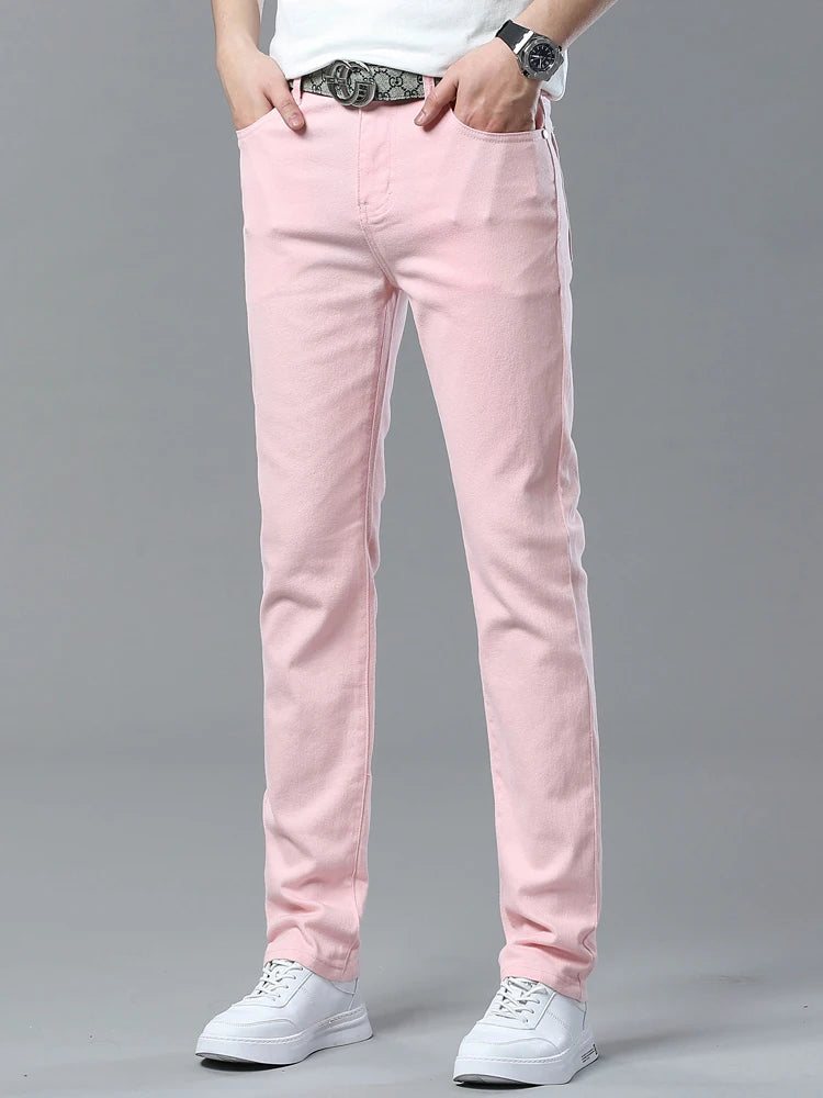 Men's Pink Jeans Spring Summer New Comfortable Elastic Fitted Straight Denim Trousers Fashion Korean Male Casual Pants